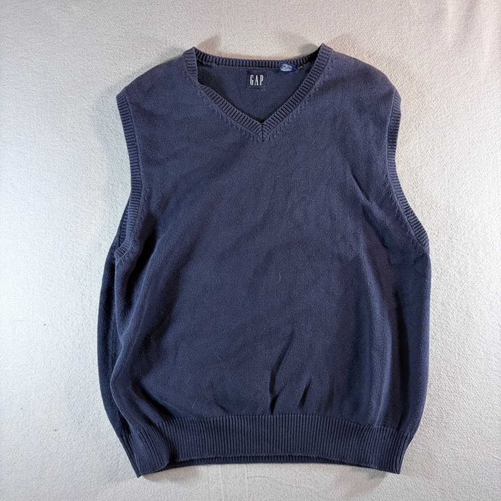 Gap Mens XL Navy Blue 100% Cotton V-Neck Knit Sweater Vest RN 54023